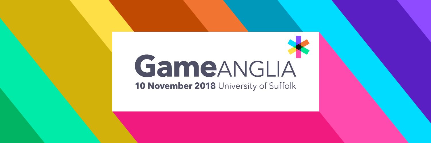 Colorful diagonal stripes in vibrant hues frame the logo "Game ANGLE" with the date and location below it, set against a white background.