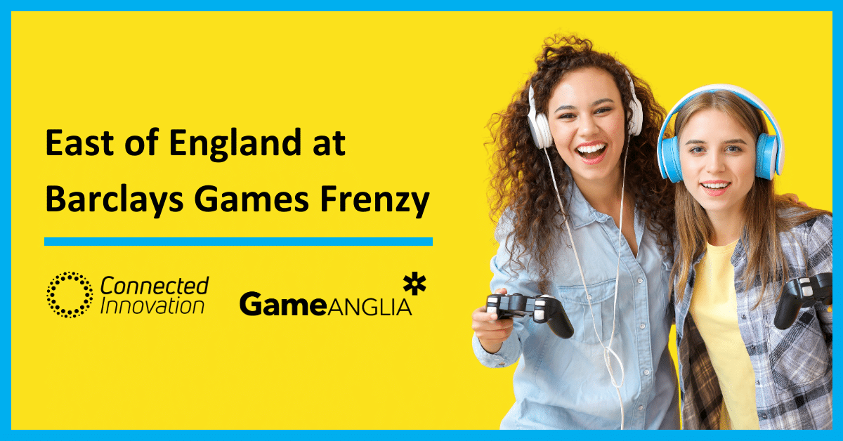 Two young women smile while holding game controllers, wearing headphones, with a bright yellow background featuring event branding.