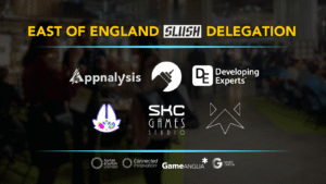 Logos of six companies involved in the East of England Slush Delegation, with a vibrant background showcasing an event setting.