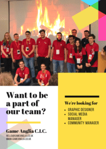 A diverse group of smiling individuals in red t-shirts stands in front of a stylized fire background, promoting roles at Game Anglia.