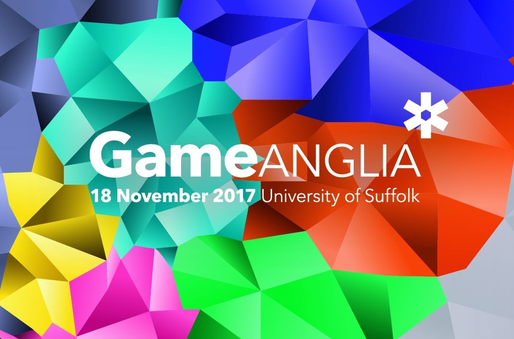 Colorful geometric shapes create a vibrant backdrop for the text “Game ANGLIA” with event details and a star logo on the right.