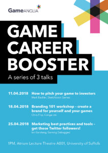 Poster featuring bold text in blue and white, advertising "Game Career Booster" talks on branding and pitching for game developers.