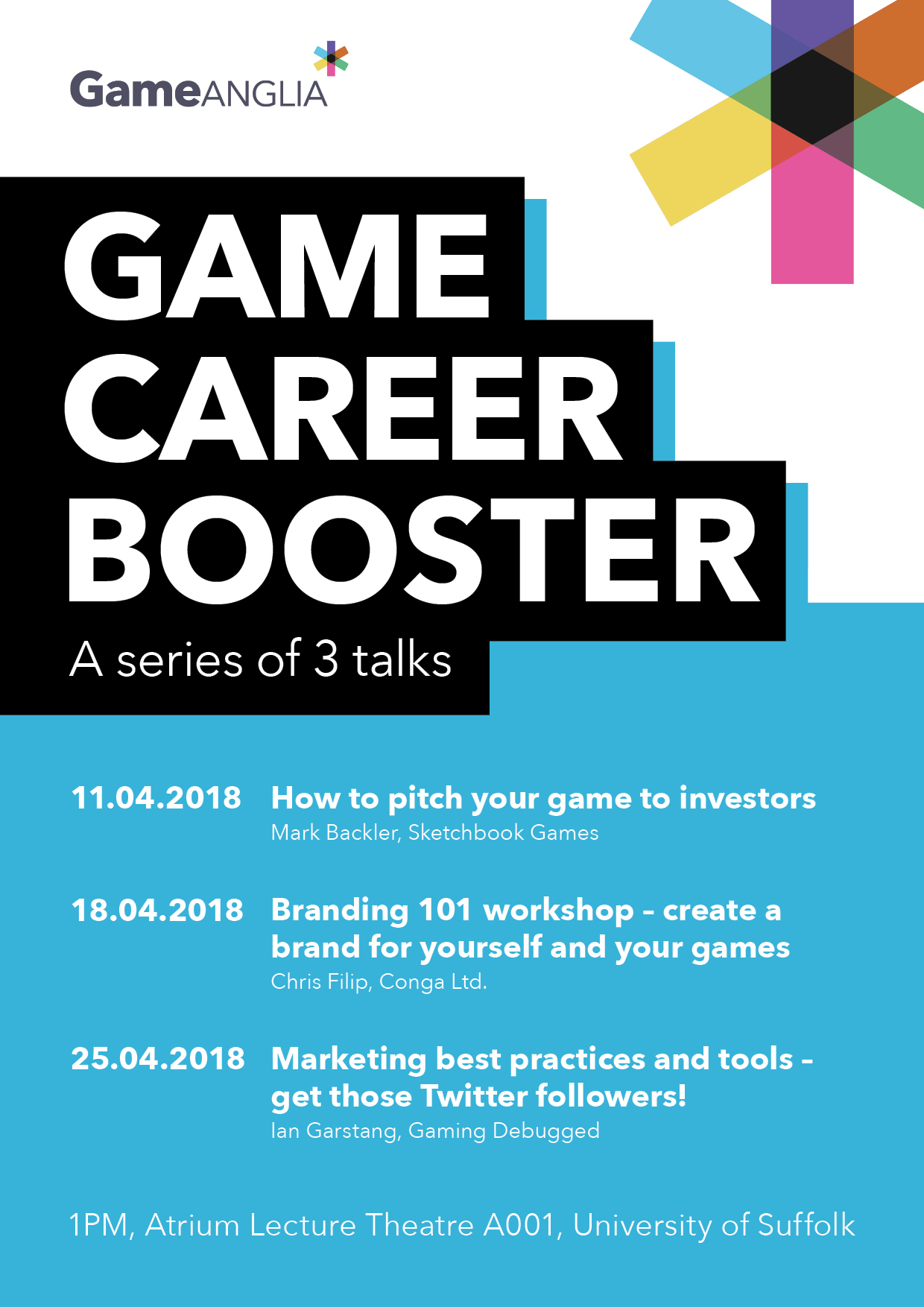 Poster featuring bold text in blue and white, advertising "Game Career Booster" talks on branding and pitching for game developers.
