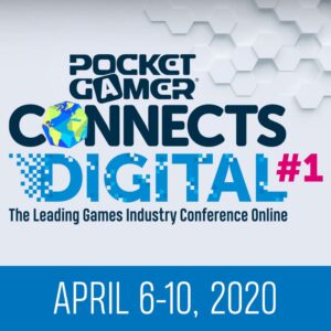 Logo featuring "Pocket Gamer Connects Digital #1" with a globe, blue tones, and hexagonal patterns, dated April 6-10, 2020.