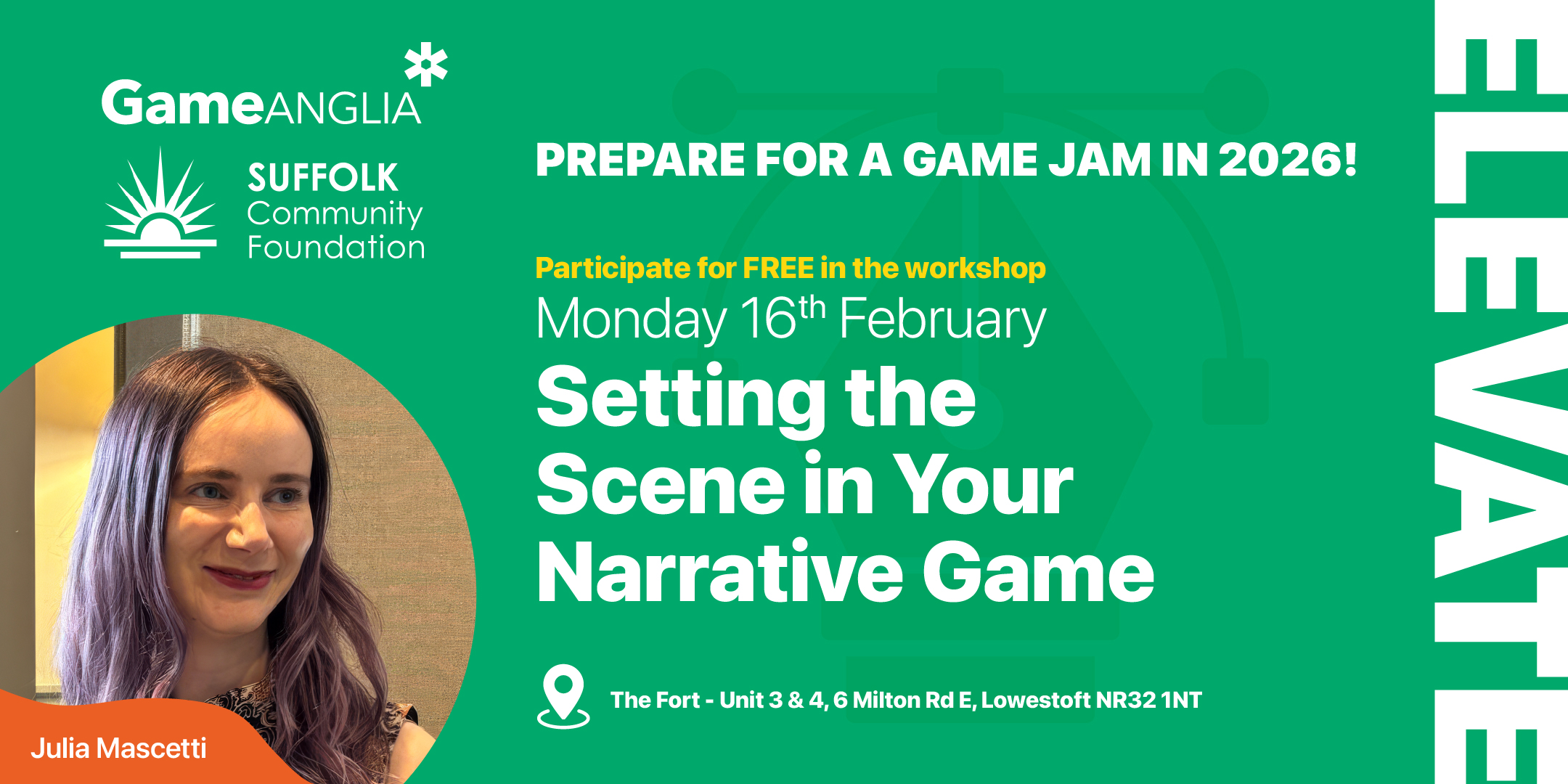 Promotional graphic for Game Anglia featuring a smiling woman, workshop details, and branding in vibrant green and white colors.