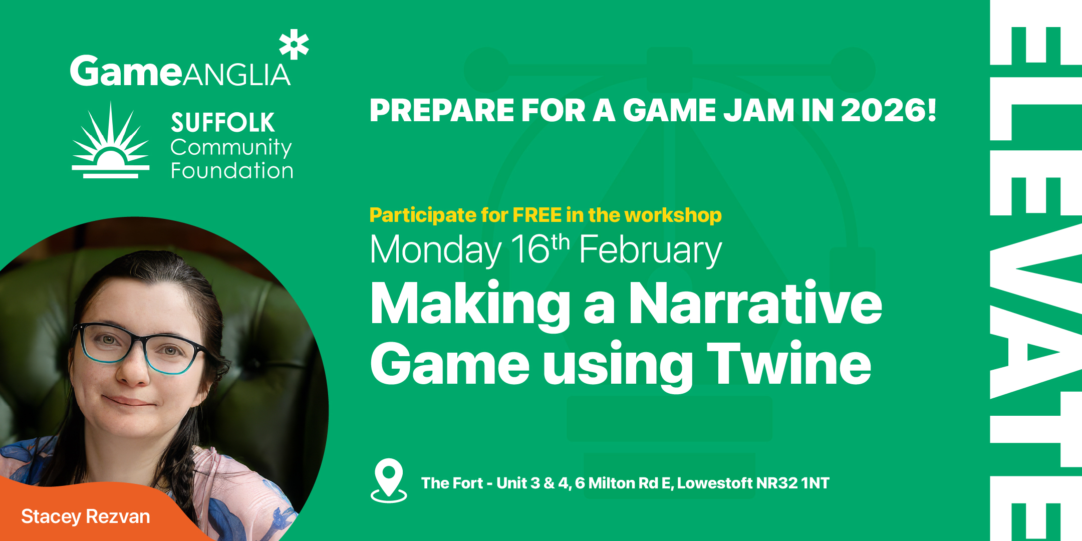 Promotional graphic for Game Anglia workshop featuring a smiling Stacey Rezvan, event details in green and white, with game jam call-to-action.