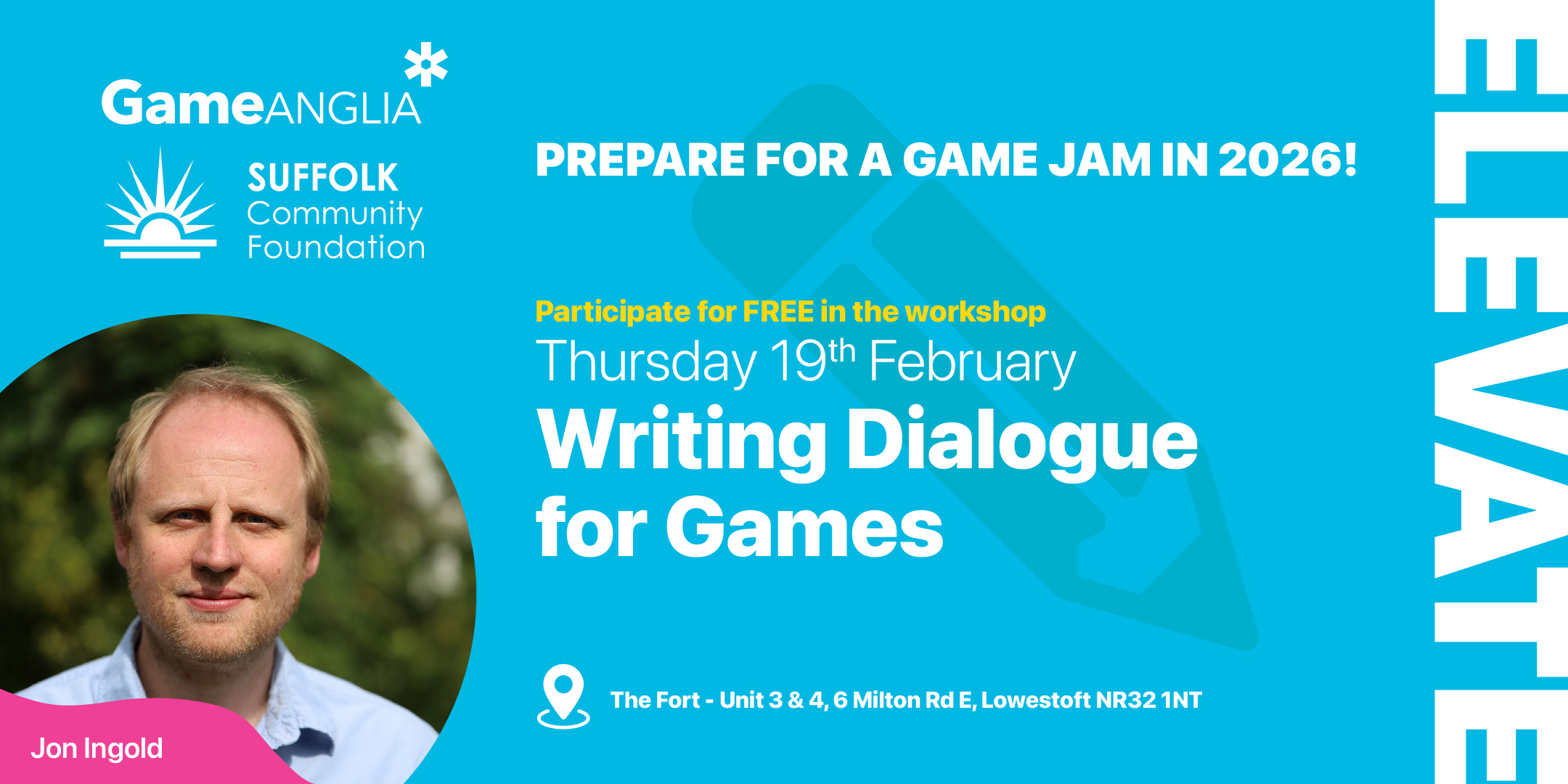 Promotional graphic featuring a man with light hair smiling, event details, and colorful geometric shapes in blue and white.