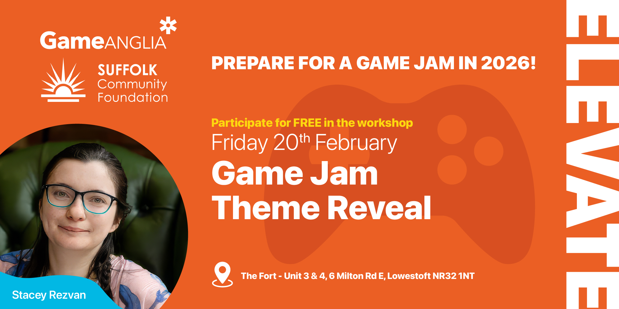 Orange background with a game controller graphic and white text announcing a free workshop for a Game Jam on February 20th, 2026.