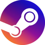 Steam logo featuring a black gear icon with a white steam controller arm, set against a gradient purple to orange circular background.